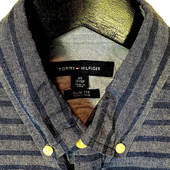 Tommy Hilfiger Slim Fit Navy Stripe Short Sleeve Button Down Shirt - Picture 3 of 4